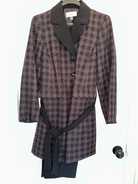 Le Suit Brown and Black Houndstooth Belted Pantsuit